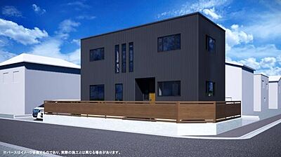 外観：機能的で合理的な箱型の建物。東日本大震災の際、2×4住宅の98％が当面補修をしなくとも居住可能な状態を保ち、高い耐震性が実証されています。※完成はイメージです。外構はオプションです。