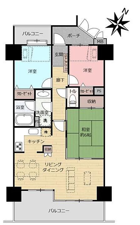 3ＬＤＫで南と北にバルコニーのあるお部屋です。リビングは日当たりが良く、和室も明るいのでお子様のお昼寝や遊び場としても使える間取りです。