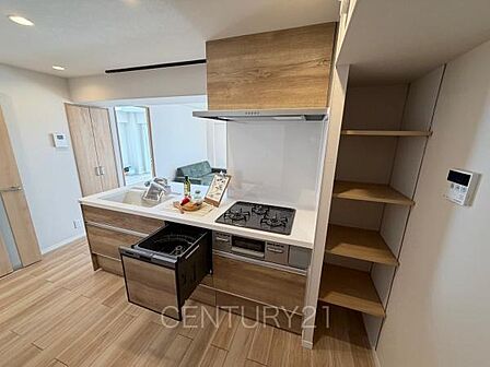 シンクも大きく洗い物もしやすい浄水器付。シャワーヘッドは引き出し可能、シンクの隅々まで洗い流せます。食器洗い乾燥機付きです。