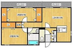 清水丘ホワイトハウス 2LDKの間取図画像
