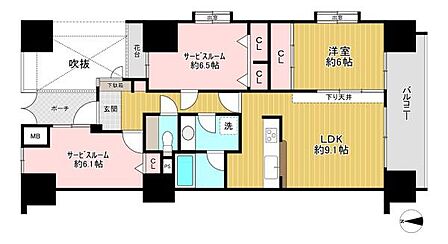 【間取り】陽当たり・通風・眺望良好な9階部分の角部屋