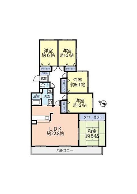 LDKは約22.8帖あり広々とした空間が広がっています。洋室が4部屋ありそれぞれ使い分けが可能です。和室約8帖は落ち着いた雰囲気を演出します。バルコニーもあり日々の暮らしを快適にサポートします。