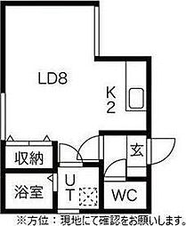 札幌市営東西線 菊水駅 徒歩9分の賃貸マンション 2階1Kの間取り
