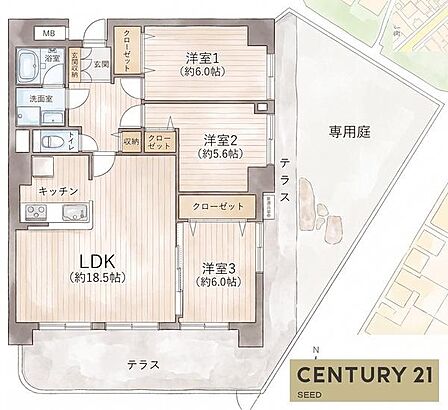 古屋市南区明治一丁目中古マンション、RC造7階建1階建、専有面積84.90平米、テラス面積28.54平米、専用庭面積24.67平米。