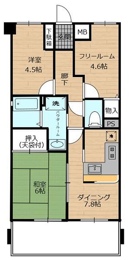 洋室と和室に加えフリールームも備えた間取りです。ダイニングが7.8帖ありゆとりのある空間設計です。収納も押入や物入が設けられており使いやすさに配慮されています。