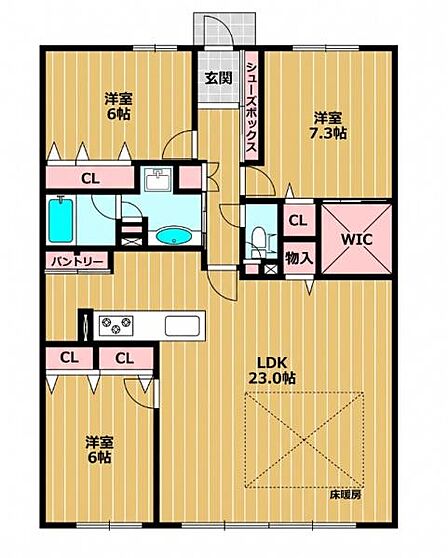 3つの洋室に加え広々とした23帖のLDKが魅力的な間取りです。ウォークインクローゼットやシューズボックスなど収納も豊富に備えています。パントリーがあるのでキッチン周辺もすっきり整理できます。