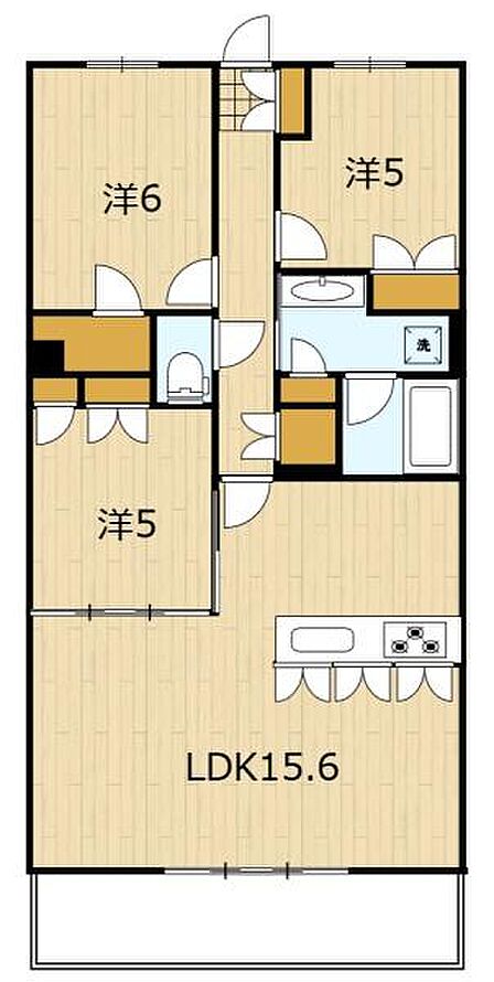 LDK15.6帖のゆとりある3LDK。各居室がしっかり分かれ、家族それぞれのプライベートも確保された使いやすい間取りです。