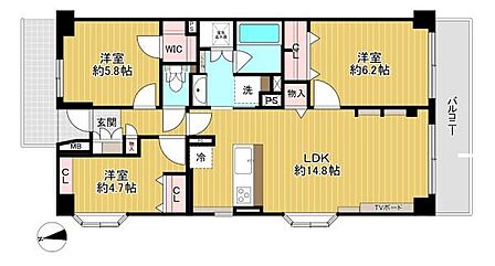 【間取り】南向きバルコニーの3LDK