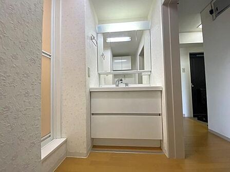 大きな三面鏡の洗面台。