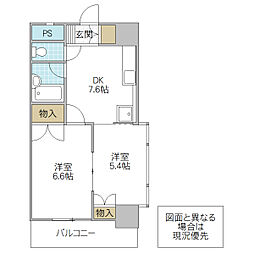 スカイハイム水戸 4階2DKの間取り