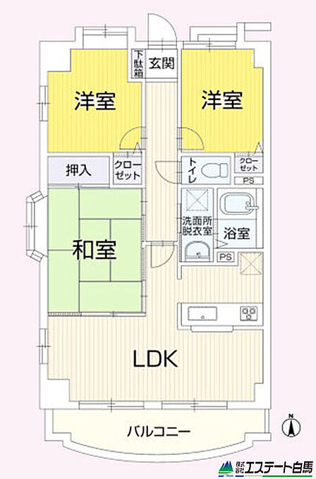 角部屋で明るいお部屋です。現在和室は洋室に変更になっております。