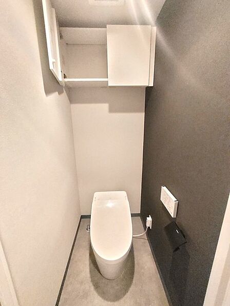 ウォシュレット機能付きのトイレ。収納もあり実用性も兼ね備えた造り。 