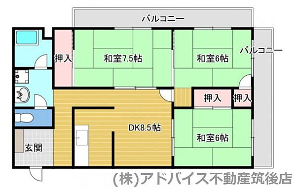 松福園ハイツ 201｜福岡県筑後市大字蔵数(賃貸マンション3DK・2階・66.70㎡)の写真 その2