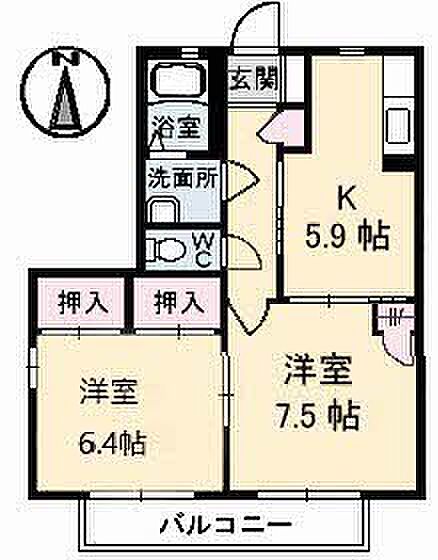 シャーメゾン常盤台 201｜山口県宇部市常盤台１丁目(賃貸アパート2K・2階・48.66㎡)の写真 その2