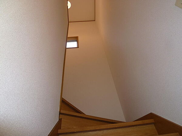 2階への階段です。採光確保のための開口部もあり、明るい通路です。