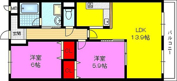 ファインコート鴻池南館 ｜大阪府大東市諸福５丁目(賃貸マンション2LDK・2階・57.98㎡)の写真 その2