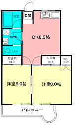 プリンス若葉 2DKの間取図画像