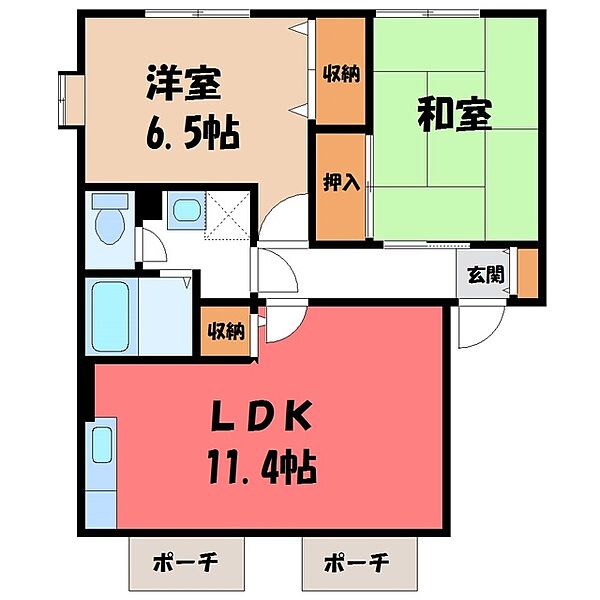 コーポアドラシオン Ａ ｜栃木県宇都宮市簗瀬町(賃貸アパート2LDK・1階・55.40㎡)の写真 その2