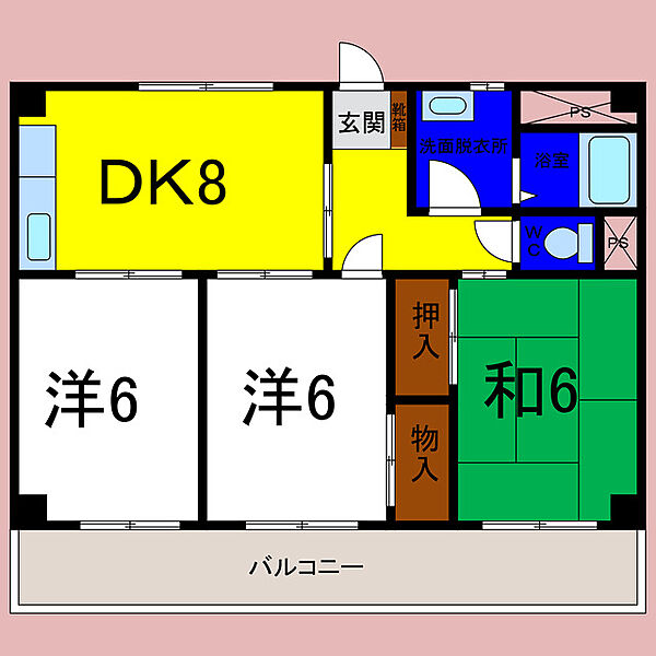 ヴィラアンソレイエ藍住 ｜徳島県板野郡藍住町富吉字豊吉(賃貸マンション3DK・2階・62.04㎡)の写真 その2