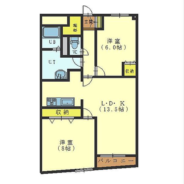 プレザント五稜郭 202｜北海道函館市五稜郭町(賃貸マンション2LDK・2階・62.78㎡)の写真 その2