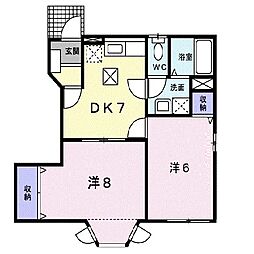 サジテリアスＢ 1階2DKの間取り