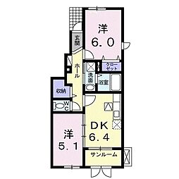 アッシュ5A棟 2DKの間取図画像