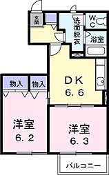 カーサ・フィオーレA棟 2DKの間取図画像
