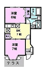 サンビレッジ南川 2DKの間取図画像