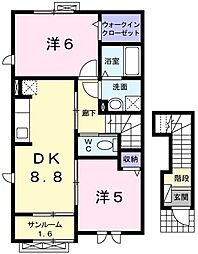 サニーガーデン　Ｍ 2階2DKの間取り