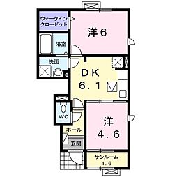 パーシモン　Ｂ 1階2DKの間取り