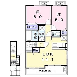 アジュール通古賀II 2階2LDKの間取り