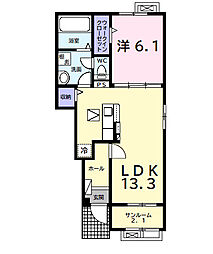 ヴェルビュB 1LDKの間取図画像