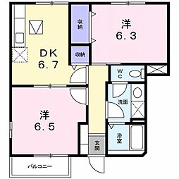 レフィナード朝日台A 2DKの間取図画像