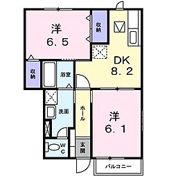 プリムヴェール 1階2DKの間取り