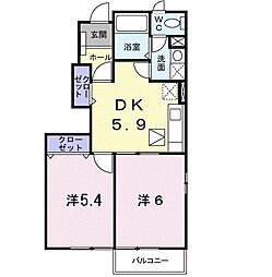 スプリング・ウィンド　Ａ 1階2DKの間取り