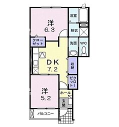 フレスクーラ1棟 2DKの間取図画像