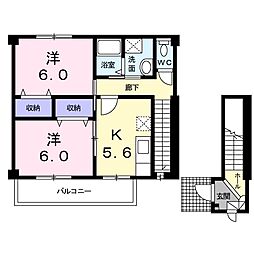 ハイツ悠B棟 2Kの間取図画像