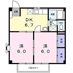 フラワーロード 2階2DKの間取り