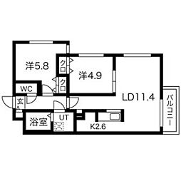 JR函館本線 桑園駅 徒歩10分の賃貸マンション 4階2LDKの間取り