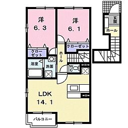 フローラガーデンＡ 2階2LDKの間取り