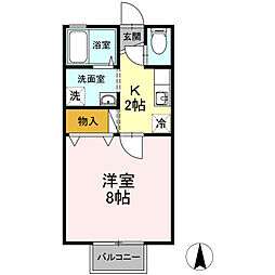 サンセールカンザキB 1Kの間取図画像