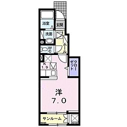 フォルチュンヌIII 1階ワンルームの間取り