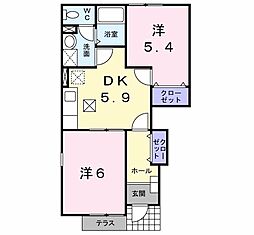 プラムール参番舘 2DKの間取図画像