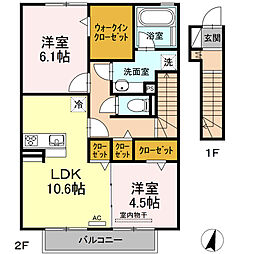 ルミエールASUKA 203 2階2LDKの間取り