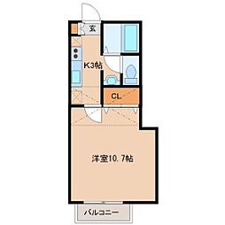 ソレアードK 2階1Kの間取り