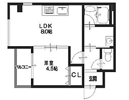 クレール西多聞通 2階1LDKの間取り