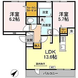 アヴニール西福原 3階2LDKの間取り