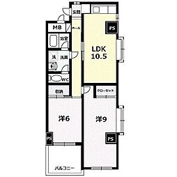 双葉ハイム一条 2LDKの間取図画像