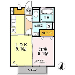 オーピュール城西 2階1LDKの間取り