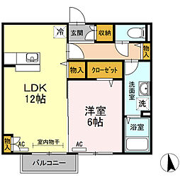 クローバーコートII 2階1LDKの間取り